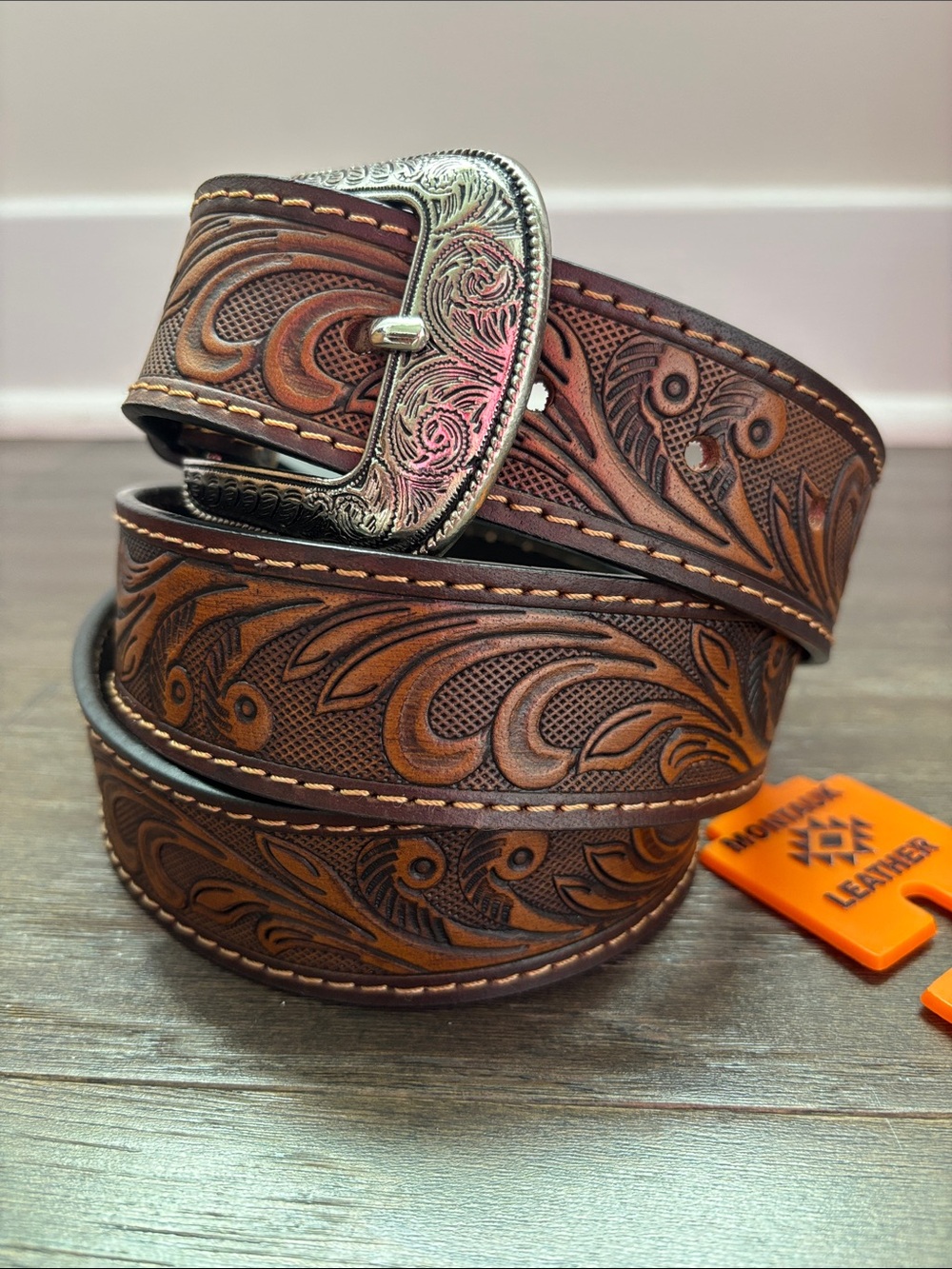 Montauk Genuine Leather Tooled Western Rodeo,filigree buckle,single stitch edge